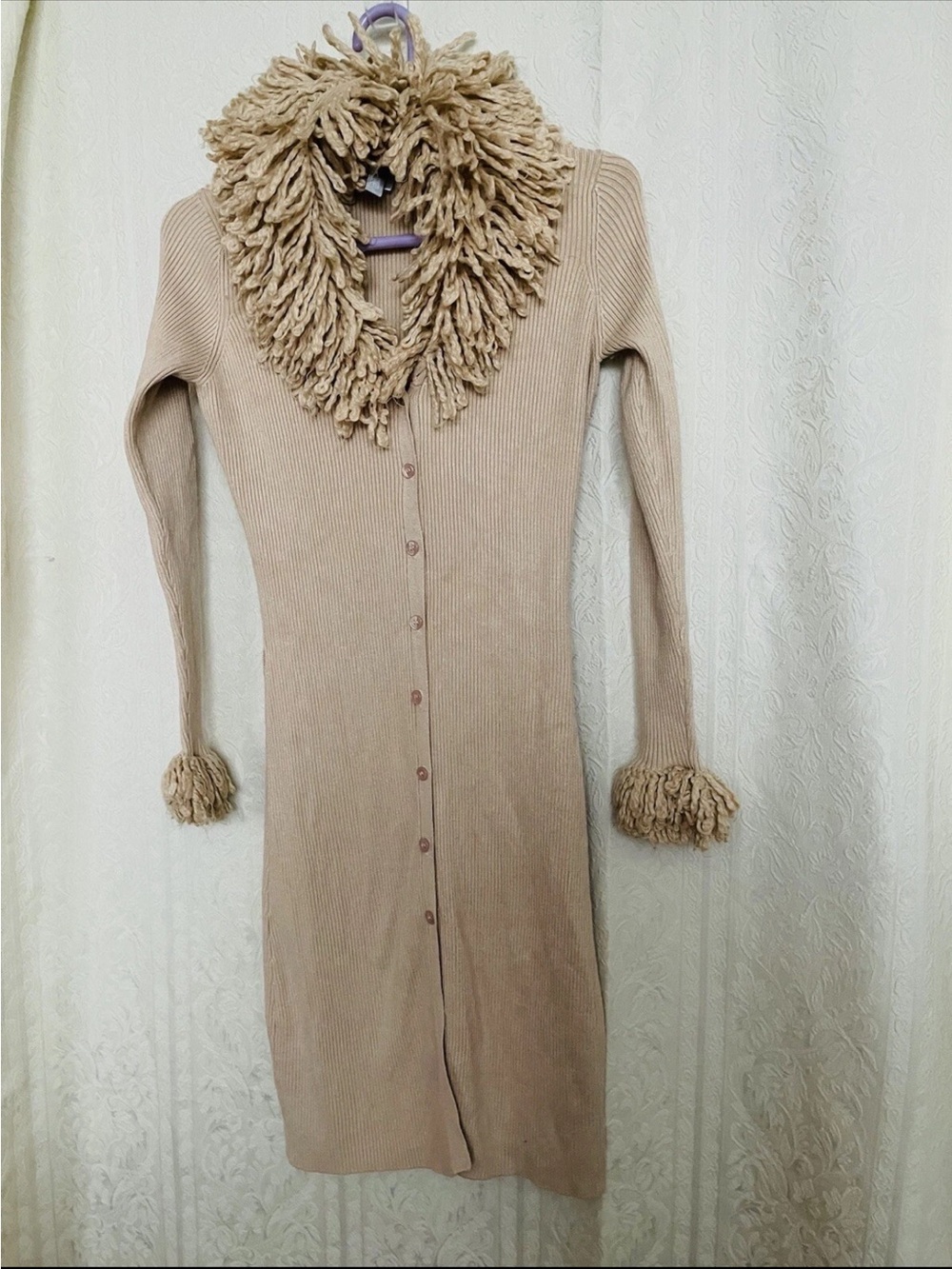 Vintage Y2K Beige-tan Ribbed Button Fringe Collarlong cardigan duster